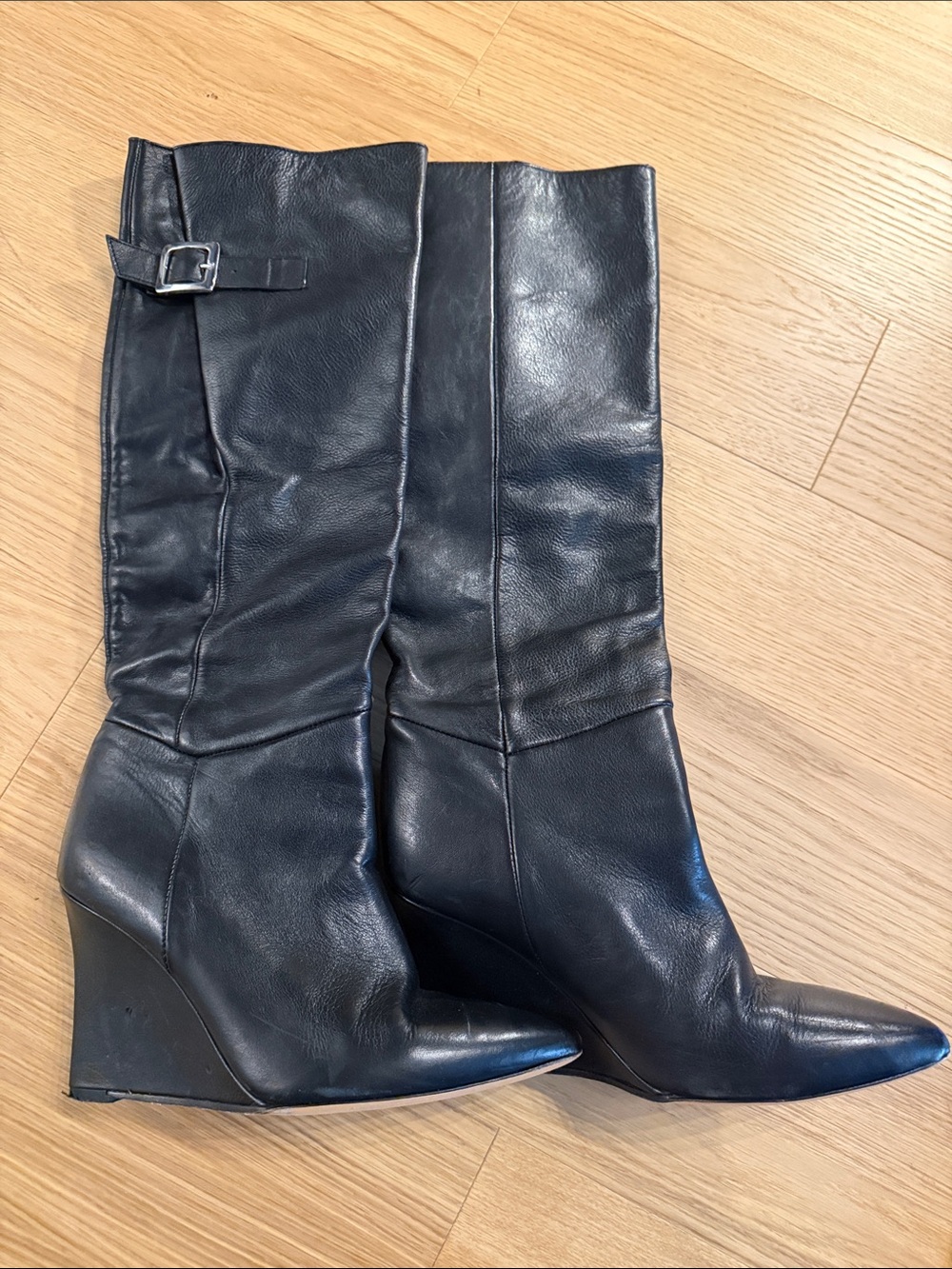 IRO Women Black Leather Wedge Knee Boots with Buckle